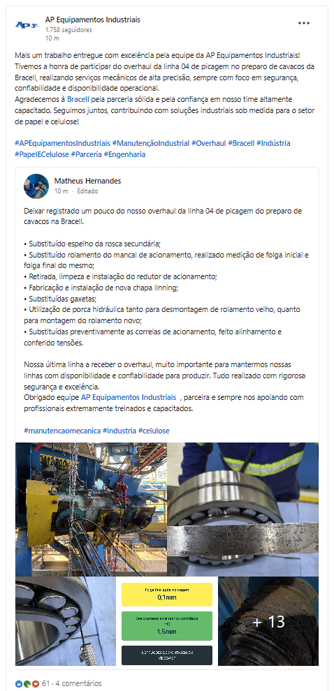 Print de postagem técnica no LinkedIn da AP Equipamentos