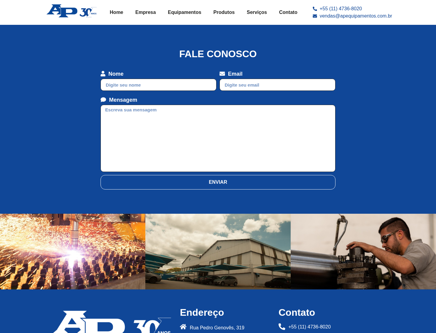 Página de fale conosco da AP Equipamentos